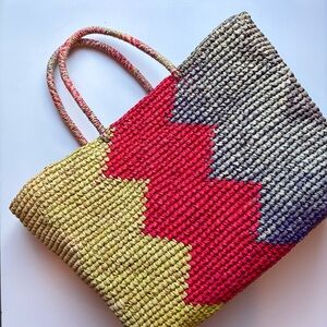 Sensi Studio || Geometric Chevron Patterned Straw Tote Neon Pink Blue Yellow